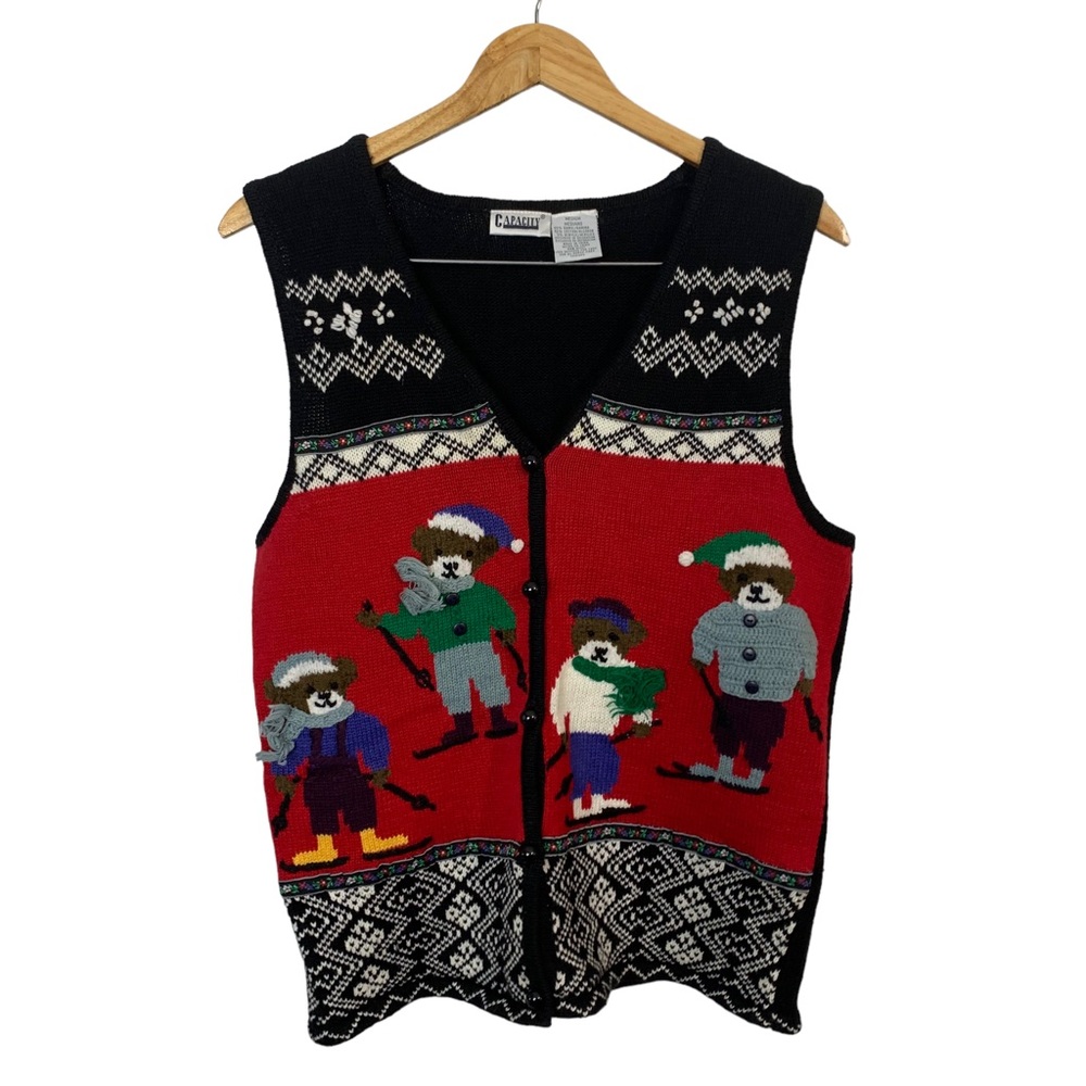CAPACITY Vintage Ski Bear Button Up Sweater Vest Sz M